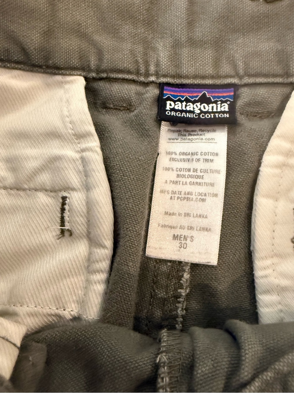 Patagonia Men’s Organic Cotton Pants Size 30 Olive Green Tan Brown Chino Outdoor - Picture 7 of 8